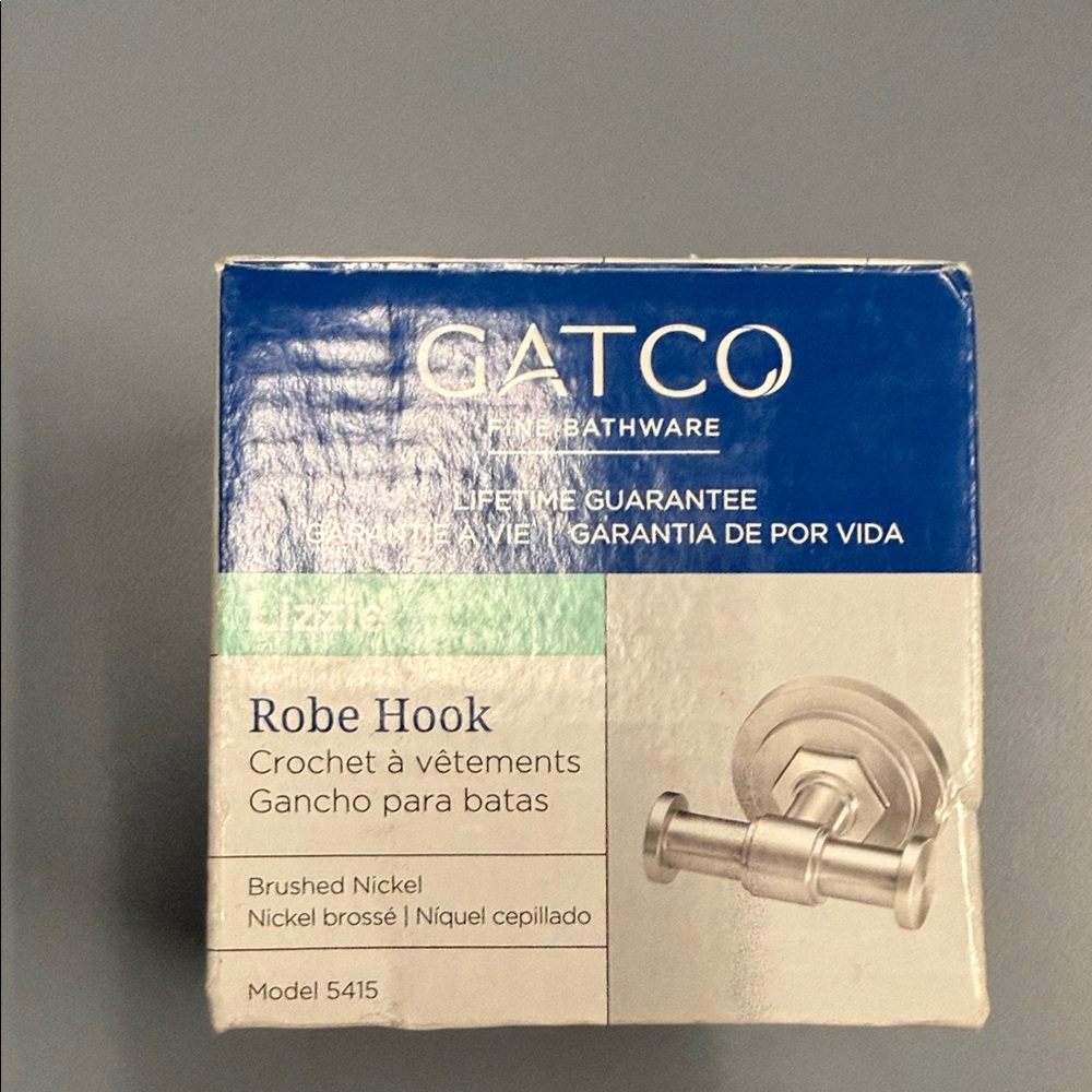 Gatco Robe Hook Packaging with Blue and White Box